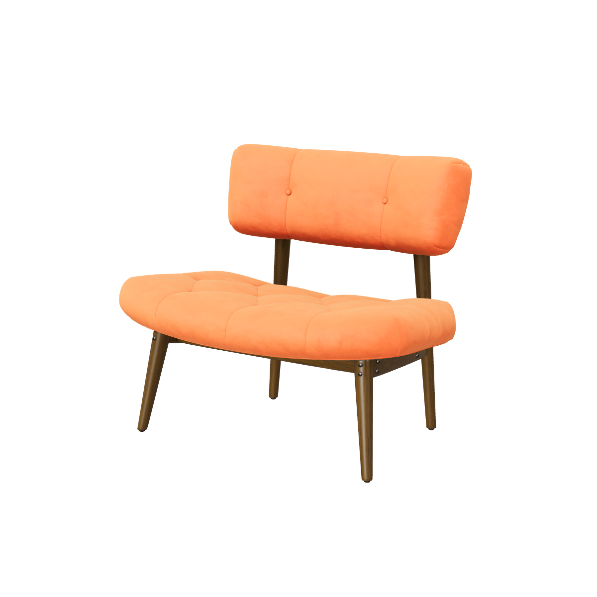 Sample lounge chair in orange velvet on dark wooden legs, seen from a three-quarter angle