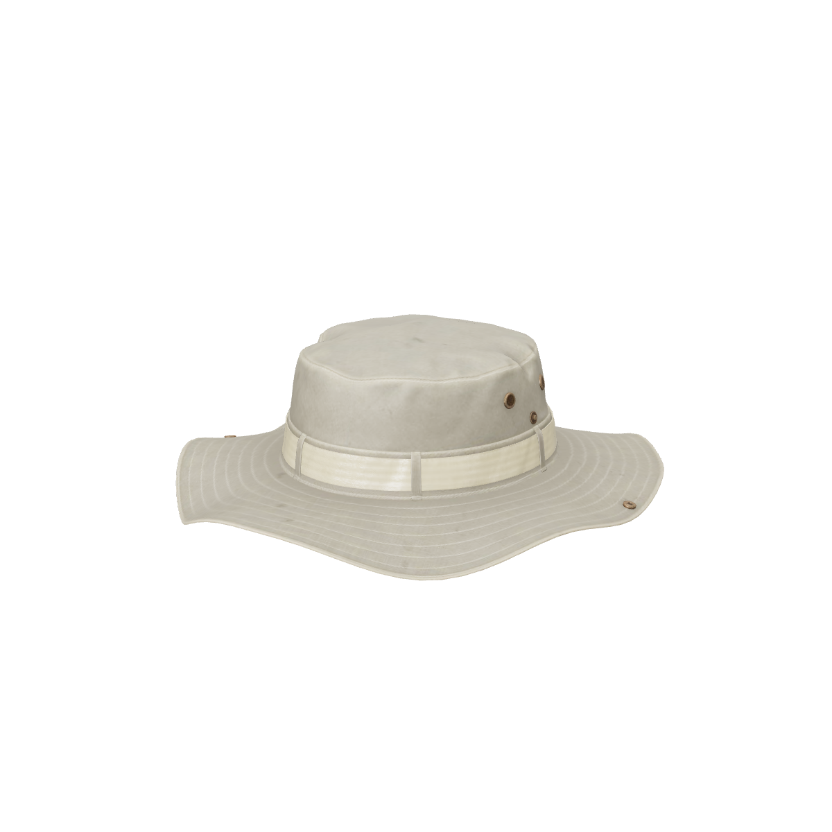 Sample bucket hat in khaki canvas with a cream band, seen from above at an angle