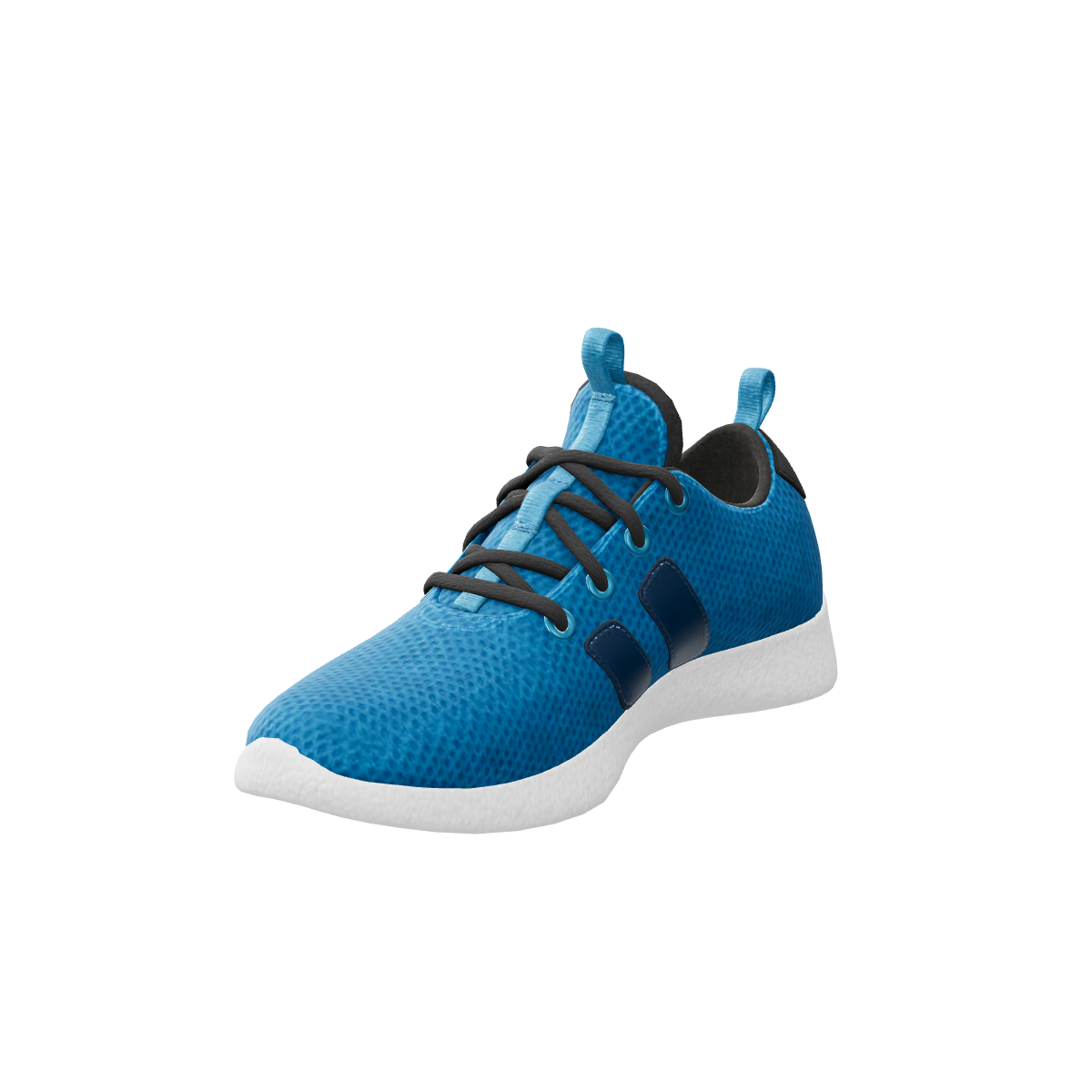 Sample sneaker in blue knit with a white sole, seen from the front at an angle