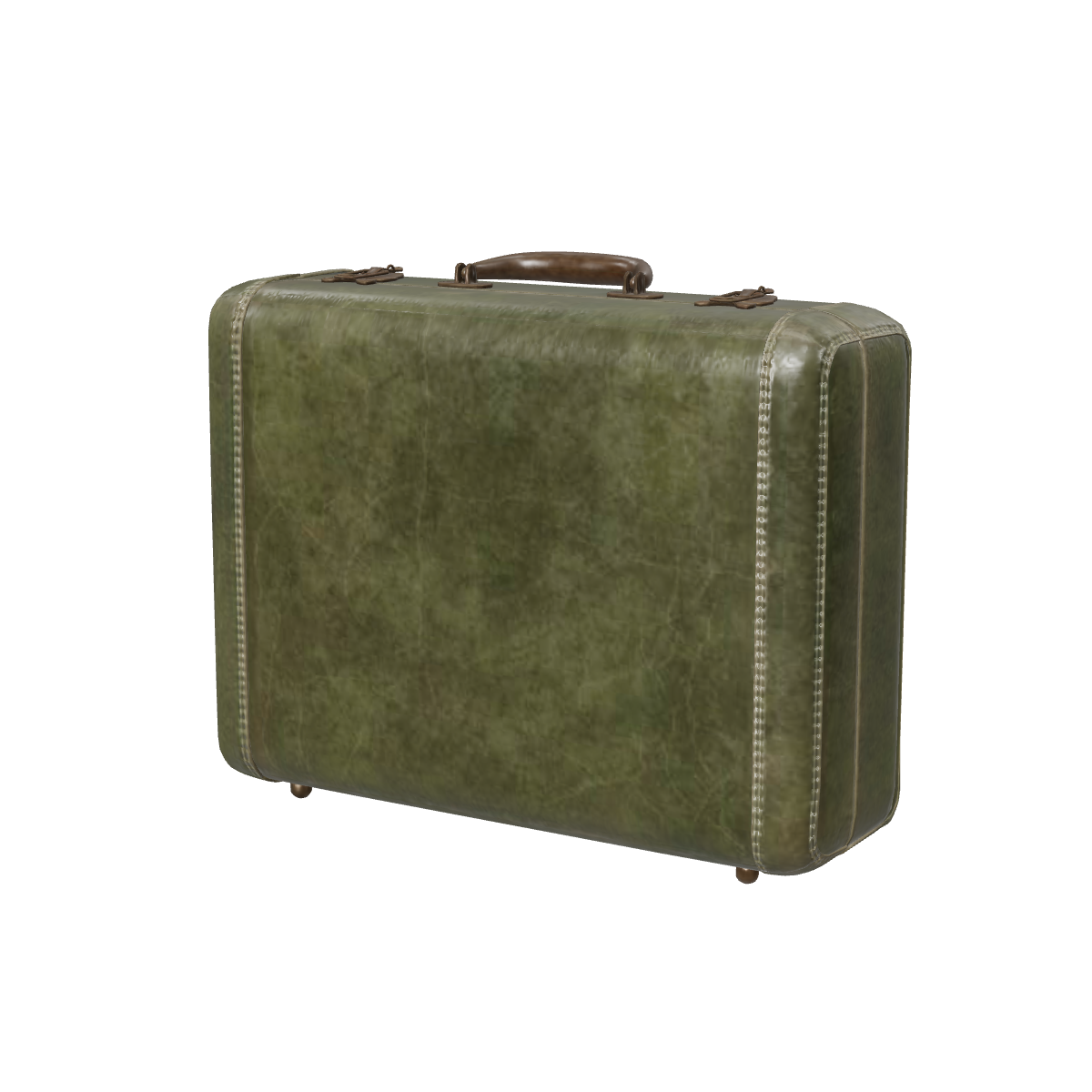 Sample suitcase in green leather with a brown handle, standing upright