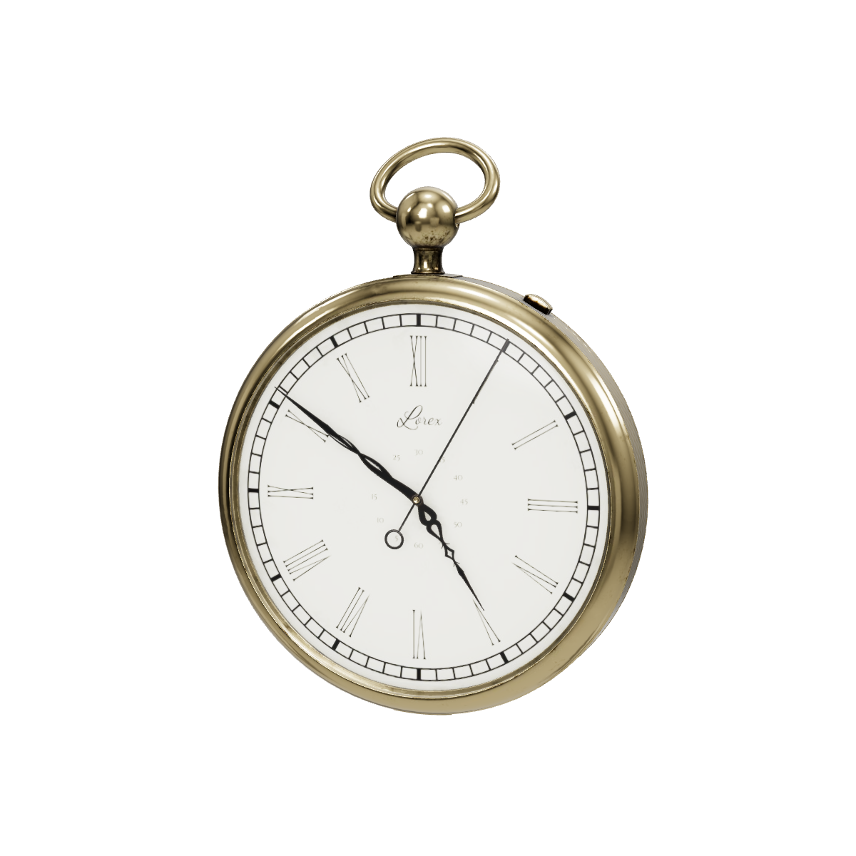 Sample brass pocket watch with a white dial and Roman numerals